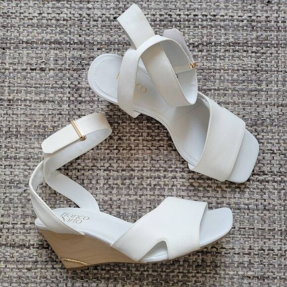 Franco Sarto Samina Cream Leather Wedge Sandals 8.5M Neutral Heels - Picture 1 of 7
